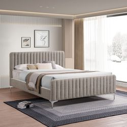 LIGHT BROWN BOUCLE FABRIC CHANNEL TUFTIN QUEEN BED FRAME CAMA 