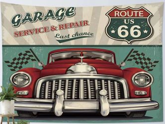 Iconic Route 66 Service Garage Vintage Red Car Auto Lover Wall Tapestry 37"× 28"