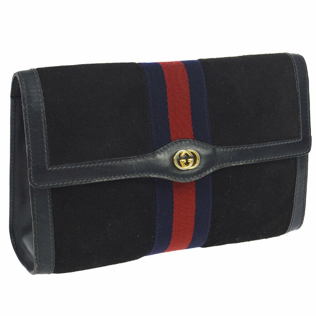 Pre Owned GUCCI PARFUMS Shelly Line Clutch Hand Bag Navy Suede Leather Vintage