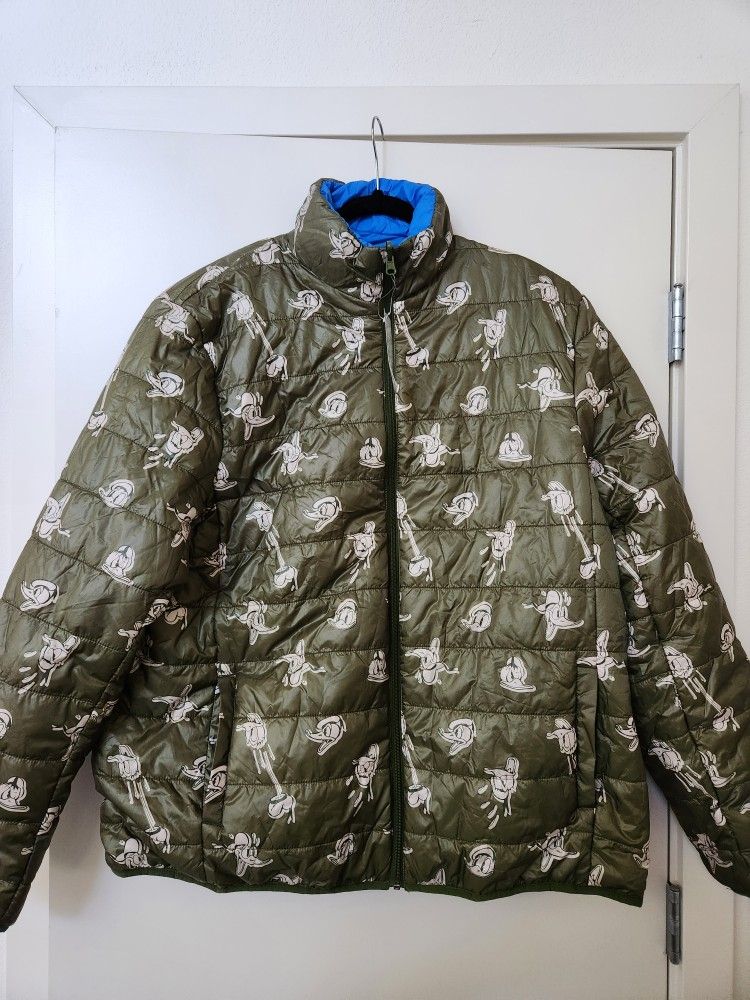DISNEY DONALD DUCK Jacket XL REVERSIBLE Puffer Army Green/Blue
