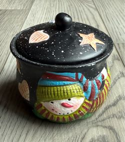 Vintage Susan Winget Snowman Ceramic Crock Candle