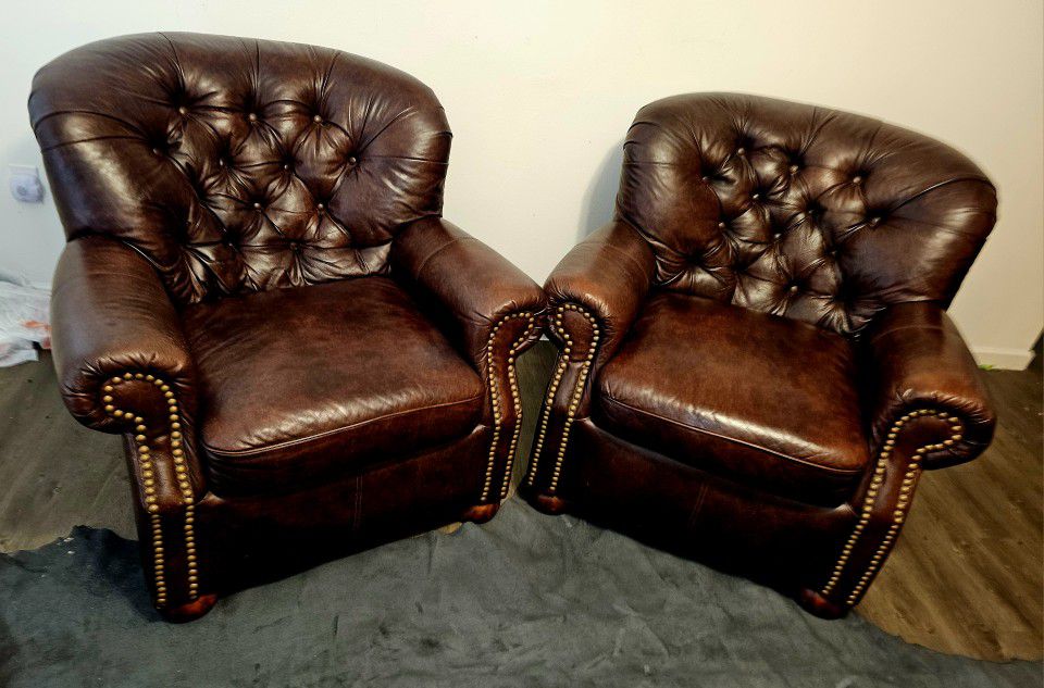 (2) Leather Chesterfield Chairs & Ottomans 