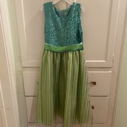 Almost New Only Worn Once Sleeveless Party Dress With Teal Sequin Bodice And Chartreuse And Yellow Translucent Full Skirt With Green Ribbon Belt