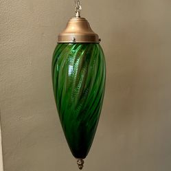 Vintage Mid Century Modern Ribbed Murano Glass Hanging Pendant Swag Lamp — Ht. 17"