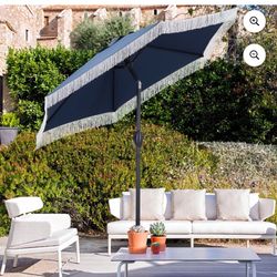 Brand New 7.5 ft Fringe Patio Umbrella, Outdoor Table Tassels Umbrella with Push Button Tilt and Crank (Navy Blue)