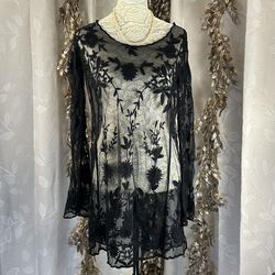Forever 21 Black Floral Embroidered Sheer Mesh Tunic Top Swim Cover S/M (flawed)