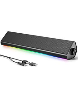 LENRUE Computer Speakers for PC and Laptop, Under Monitor Sound Bar, Black Wired USB power, 3.5mm aux audio, slim under-monitor design, USB-C adapter,