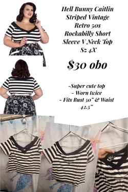 Hell Bunny Caitlin Striped Vintage Retro 50s Rockabilly Short Sleeve V Neck Top Sz 4X