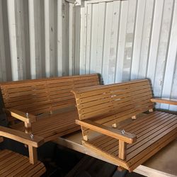 RUSTIC RED OAK PORCH SWINGS 60” And 54” Tall Backs Both For $850
