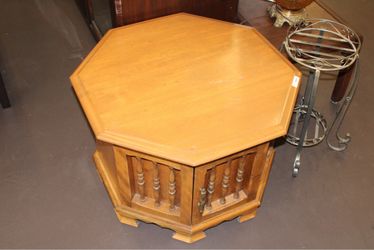 Vintage Octagonal Wood End Table with Storage