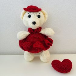 New Handmade Crocheted Teddy Bear Girl In A Red Dress And A Red Hat