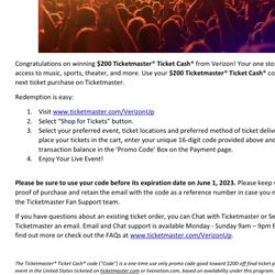 $200 Verizon TicketMaster TicketCash