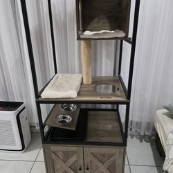 Tall Cat Tower With Feeding Area And Litter Box