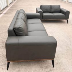 Pietro Italian Top Grain Leather Grey Sofa Set