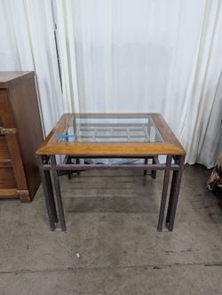 Square Wood and Metal End Table with Glass Top