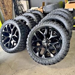 22” Gloss Black Snowflake Wheels + 33x12.50R22 Mud Terrain Tires 6x139.7 Chevy GMC Toyota We Finance