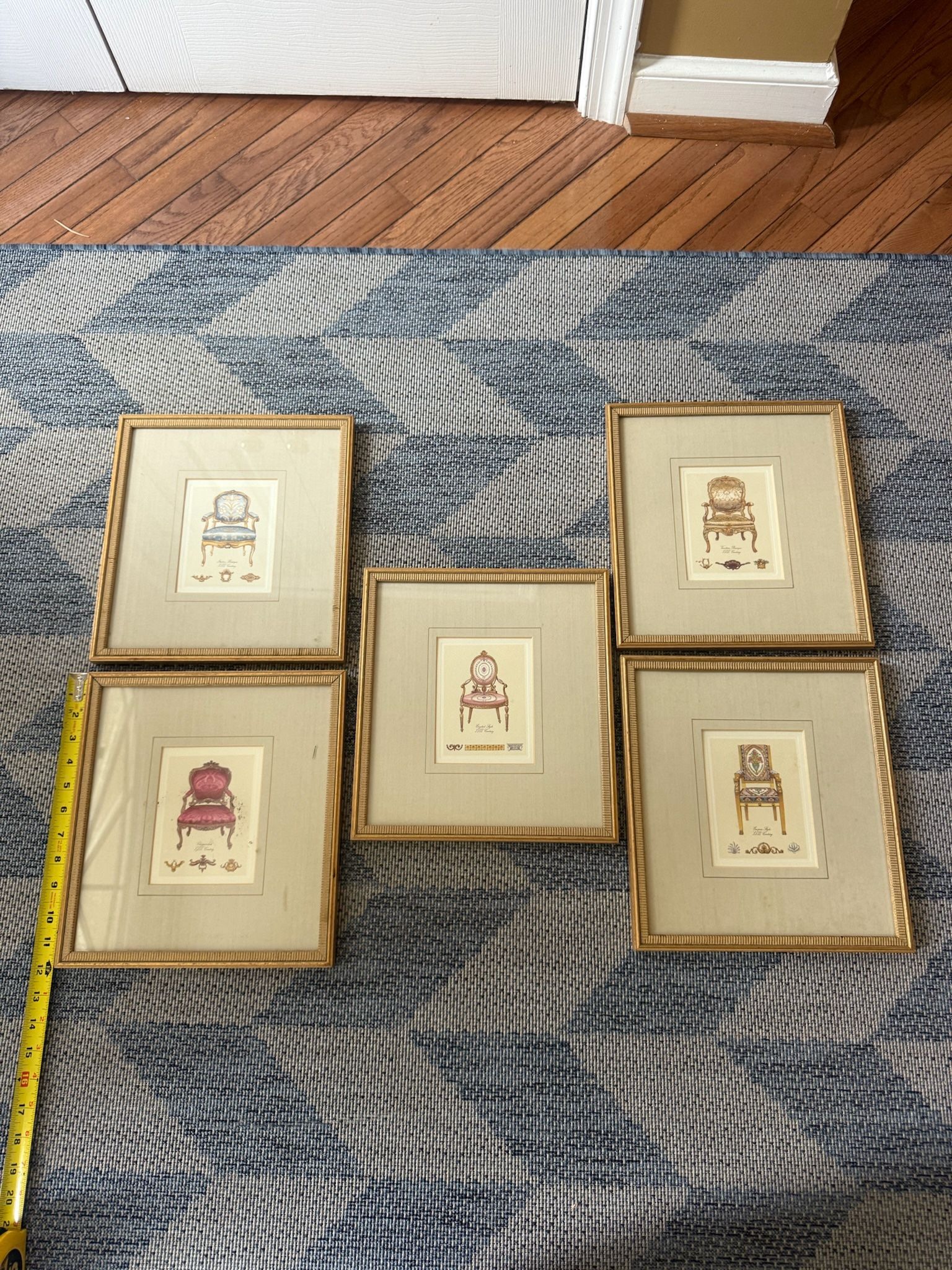 Lot of 5 vintage gold framed matted fancy arm chair pictures Italian English p/u Jamison, Pa 11”x12” frames