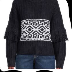 RD Style Women's Fringe Sleeve Crewneck Sweater, Midweight