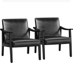 Set of 2 Mid-Century Faux Leather Accent Chair with Solid Wood Legs, Black
