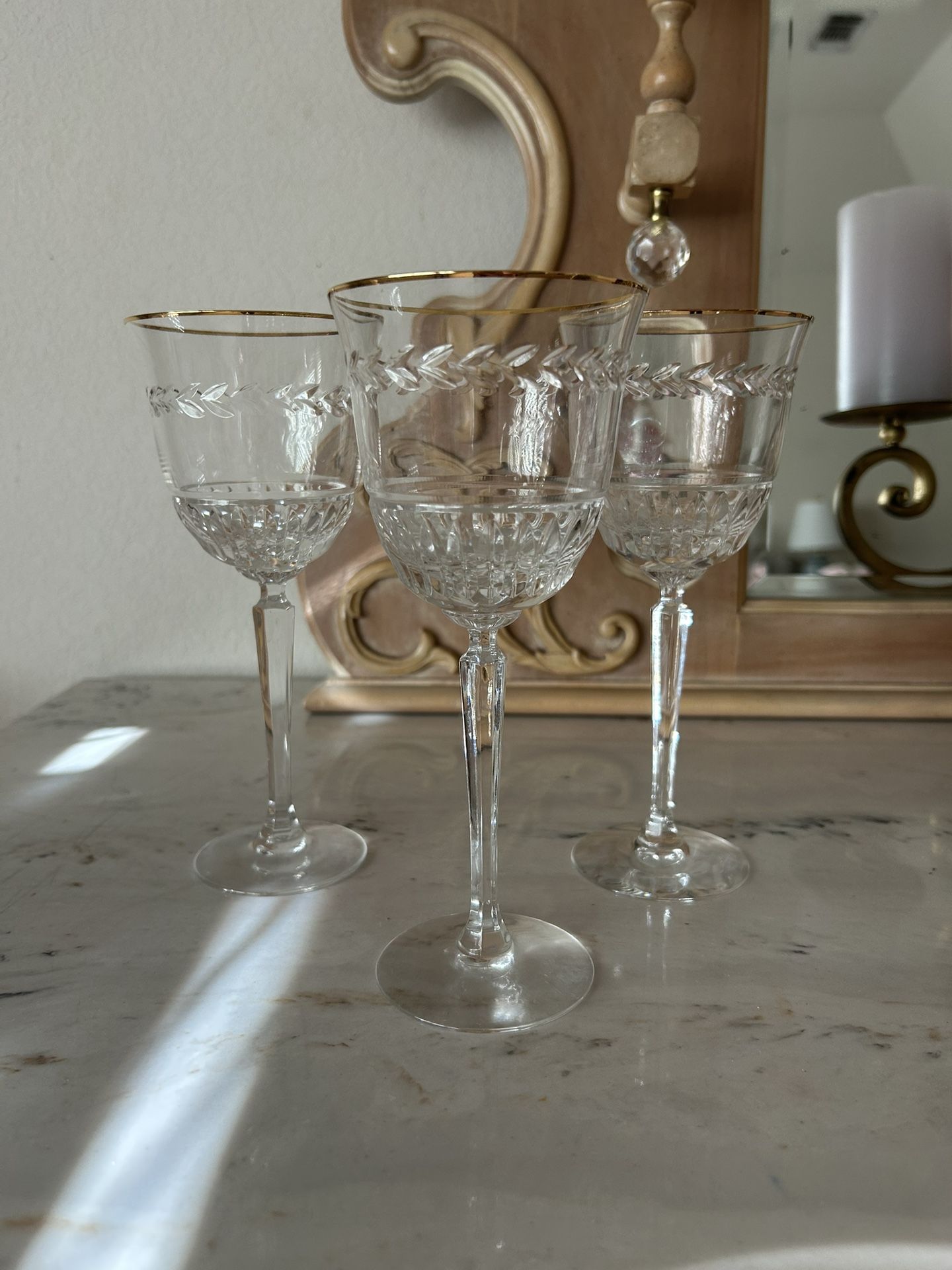 Set Of 3 Antique Crystal Wine Glasses 