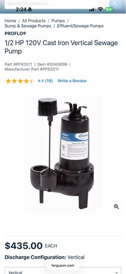 1/2 HP 120V Cast Iron Vertical Sewage Pump