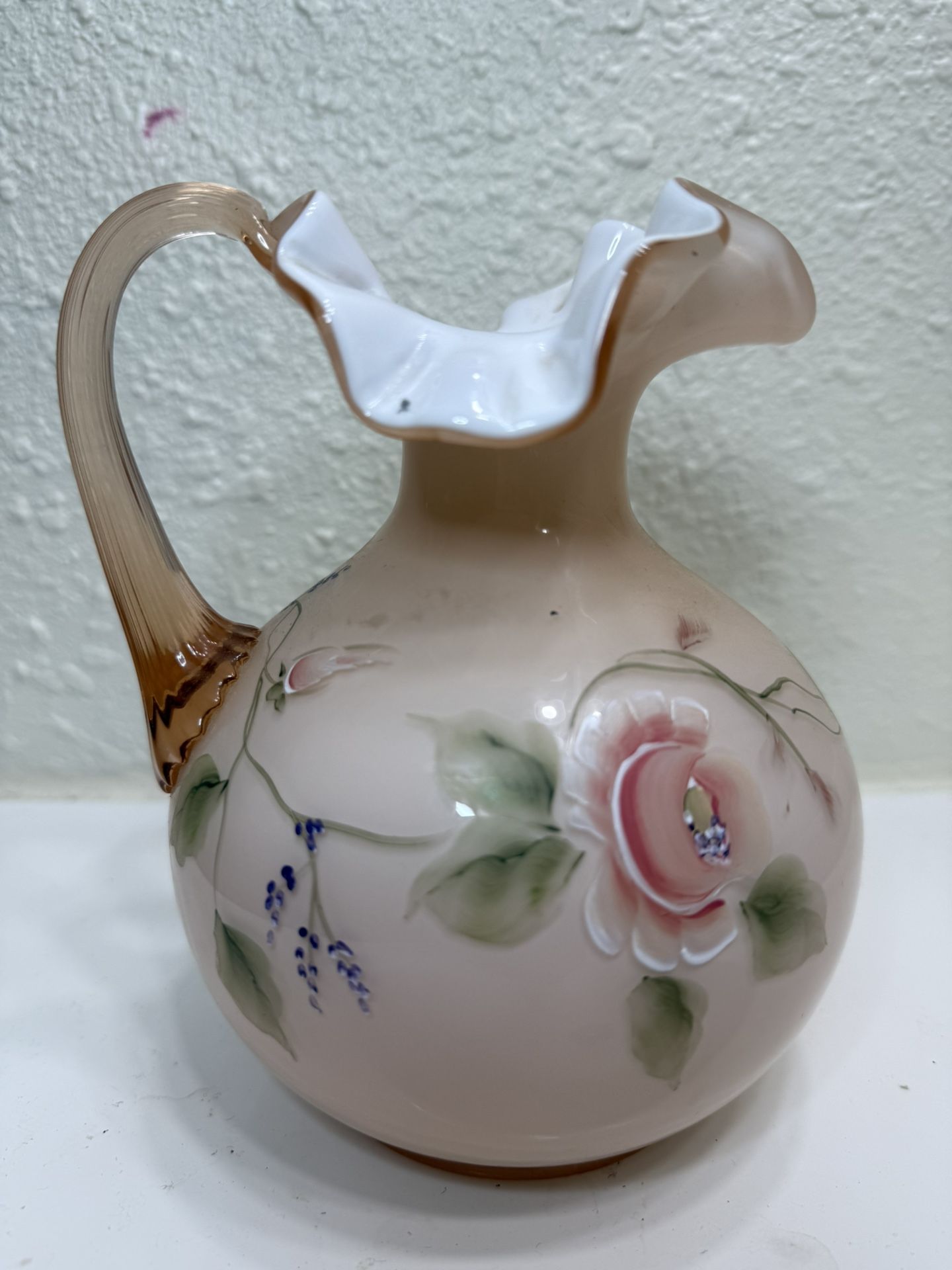 Vintage Fenton Vase & Pitcher Set, Overlay Princess Roses on Sunset Hand Painted