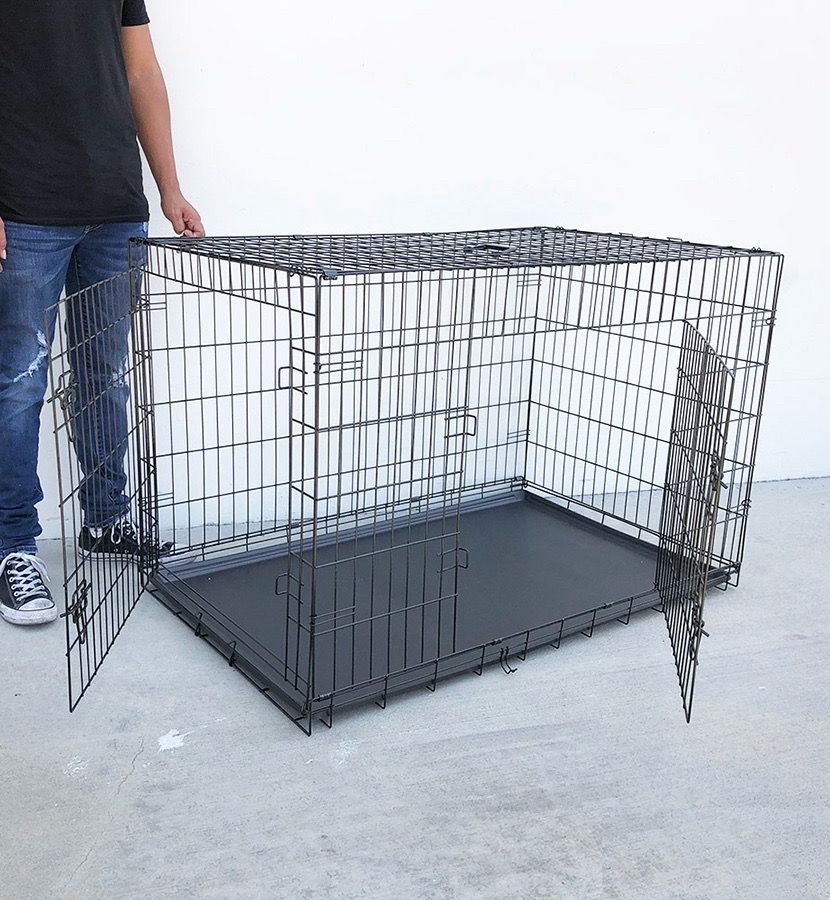 (NEW) $75 Folding 48” Dog Cage 2-Door Pet Crate Kennel w/ Tray 48”x29”x32”