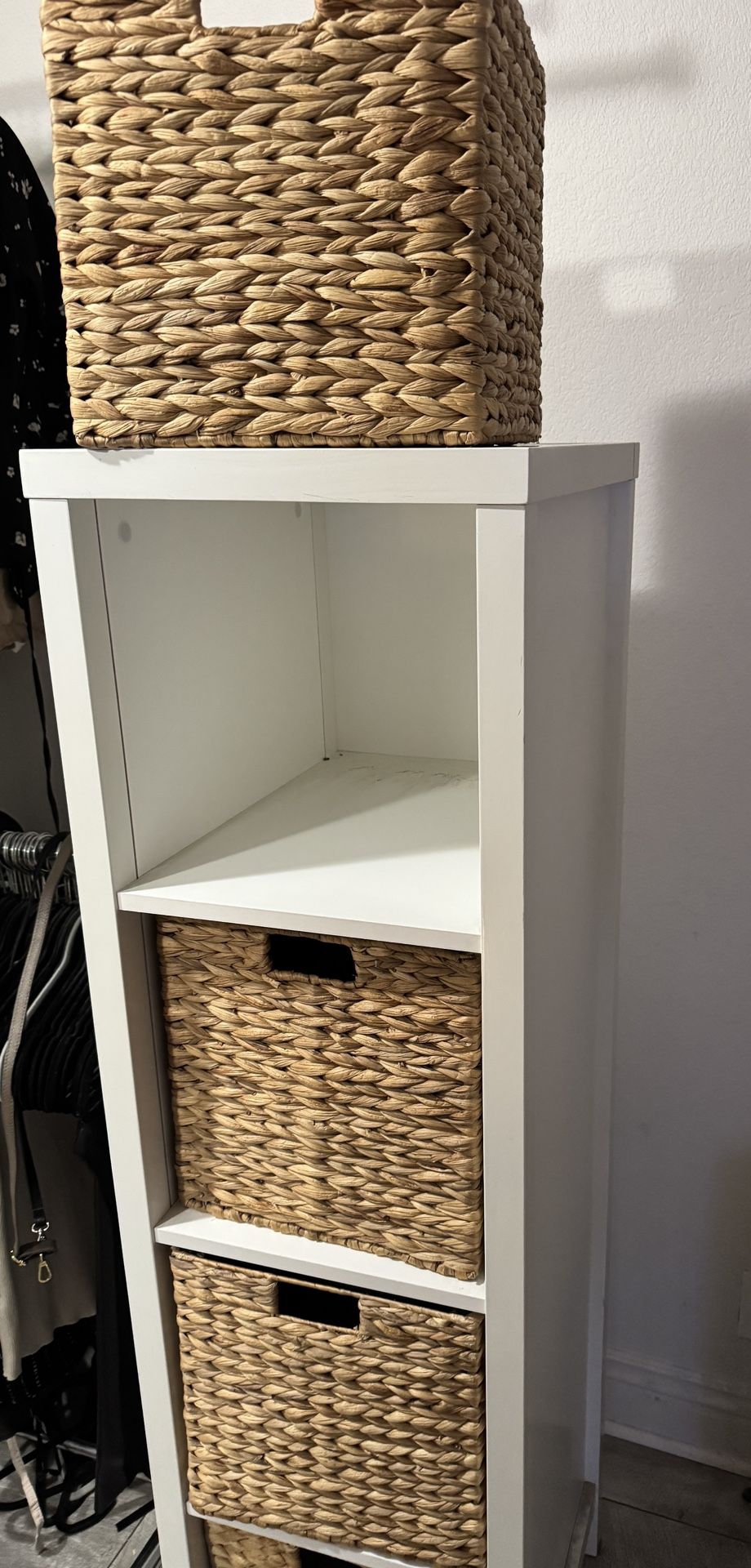 π§Ί Container Store White Storage Tower with Woven Baskets