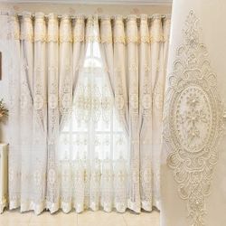 Amidoudou 1 Pair European Double Layer Curtains with Valances for Living Room Bedroom Luxury 3D Flower Embroidered Curtains (Beige,52x90 Inch)
