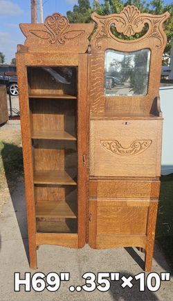 Antique Oak Secretary Drop Down Desk Glass Bookcase/Curio Cabinet