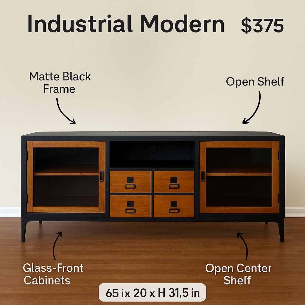 Modern Industrial TV Stand - Black and Wood - 4 Drawers + Storage