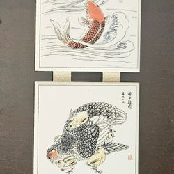 "4 Good Friends Pottery Tile Arts Singapore Wall Hanging Birds Asian Fish Decor L4.5" x 4.5" Each Tile
