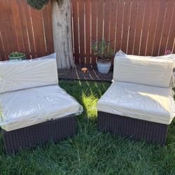 3 Piece Set - 2 Brown Wicker Chairs with Beige Cushions & 1 Cube Table w/ Glass Top - NEW IN BOXES