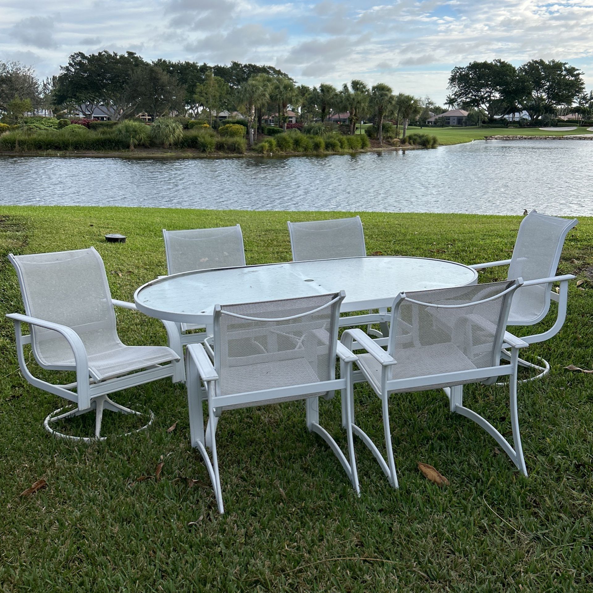 Glass & White Metal Table & 6 Chairs