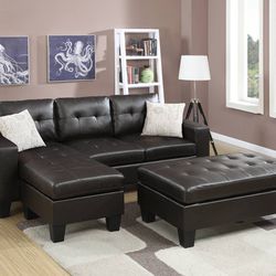 Black Leather Sofa Sectional w/ Ottoman 