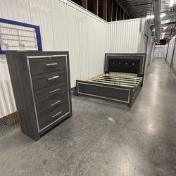 Ashley Furniture | Lodanna Queen Upholstered Bedframe with LED Lighting Accent | 5 Drawer Dresser