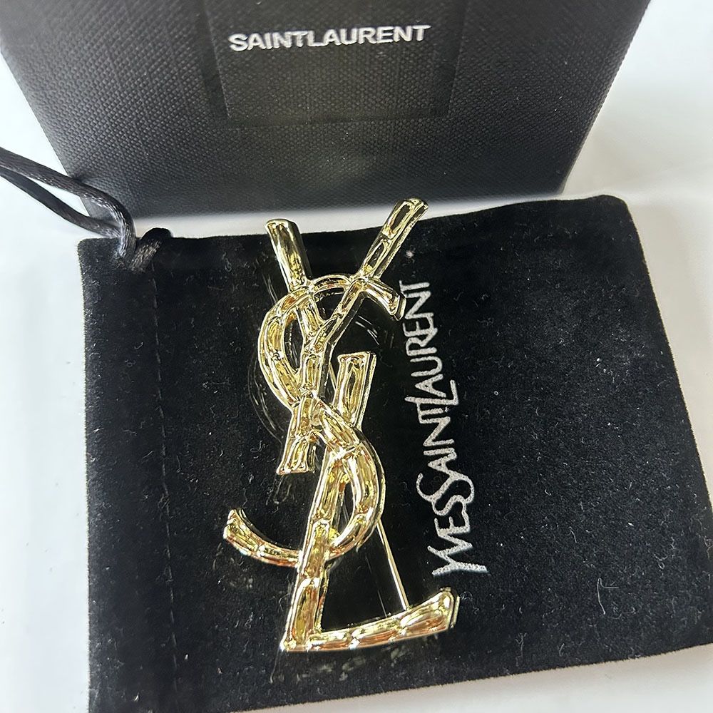 Saint Laurent Monogram Crocodile Opyum Gold Brooch