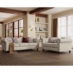 2pcs Linen Chesterfield Furniture Set Loveseat and Sofa Rolled Arm Couch Button Tufted Beige