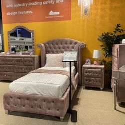 Twin Pink Color Bed Frame Dresser Mirror 1 Night Stand NEW