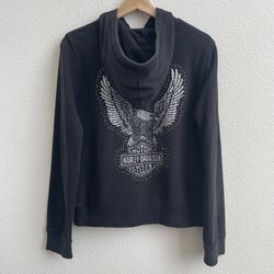 HARLEY DAVIDSON Vintage Black Eagle Graphic Rhinestone Biker Hoodie Sweatshirt