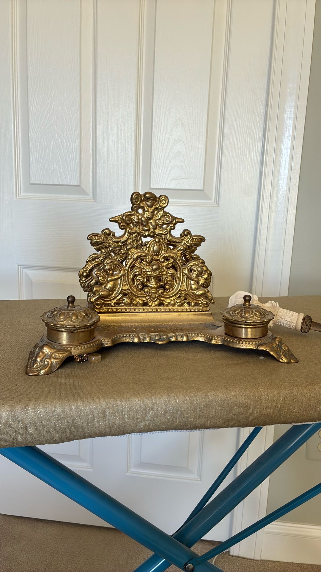 Brass Letter Holder With Ink Pots And Letter Opener
