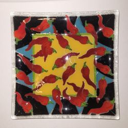 Peggy Karr Fused Art Glass Plate Chile Peppers, Signed