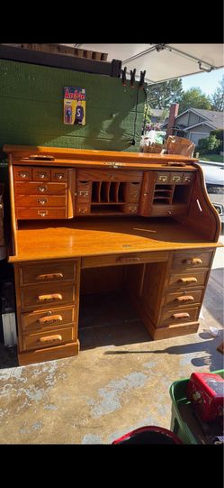 Beautiful oak roll down desk will break down into 3 pieces Selling for my granddaughter