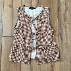Motel kayvata brown gingham tie-front sleeveless babydoll bow peplum shirt