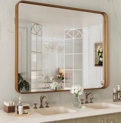 LOAAO 40X24 Inch Bathroom Mirror with Wood Grain Colored Metal Frame