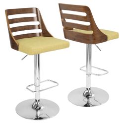 LumiSource Trevi Adjustable Bar Stool, Chrome Bar Stools, Bar Chairs, Swivel Bar Stools, Bar Stools Set of 3 Green Fabric Walnut Wood and Chrome Finis
