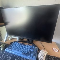 Monitor And Blue Keyboard & Mouse  