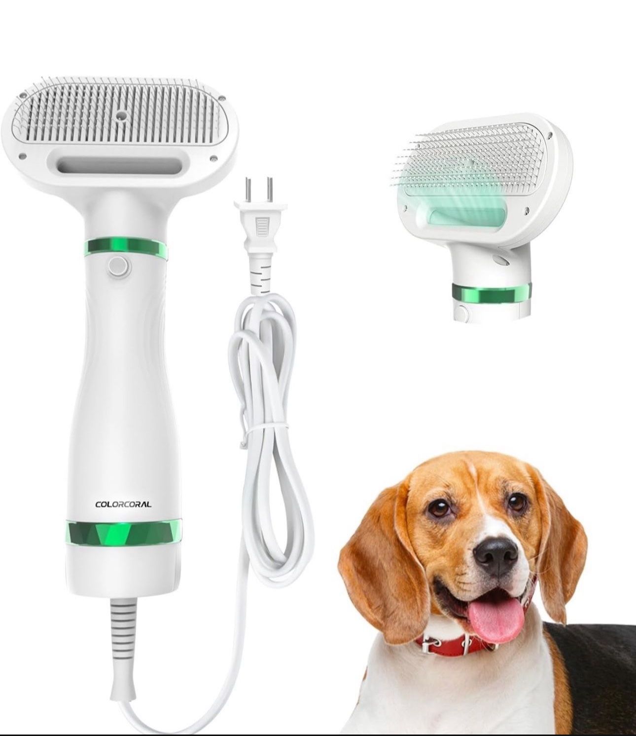 Pet Hair Dryer Brush, White, Safe for All Hair Types, Flexible Stainless Steel Bristles, 3 Temperature Settings, 300W, Unisex Hair Brush for Small & M