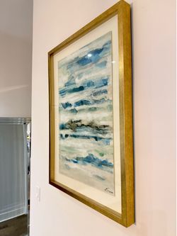 Large Framed Coastal Abstract Artwork in Gold Gallery Frame