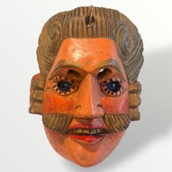 Vintage GUATEMALAN WOODEN CARVED MASK - Folk Art Dance Mask - Blue Glass Eyes